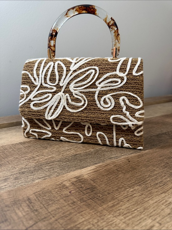 Haute Hippie Handbags - HAUTE HIPPIE Woven Floral Appliqué Top-Handle Bag in Brown w White Trim